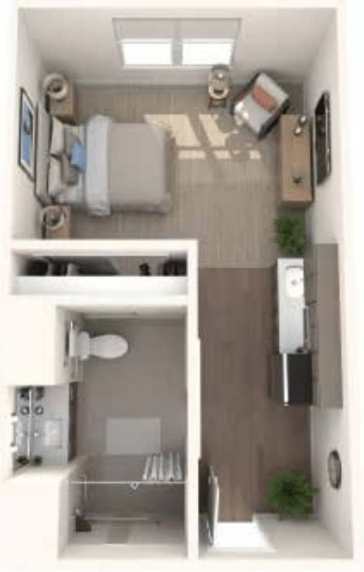 Studio apartment floor plan with open living space, kitchen, bedroom, and bathroom.