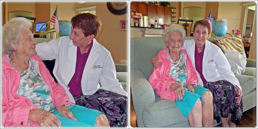 A doctor visiting an elderly woman at her home, providing care and support.
