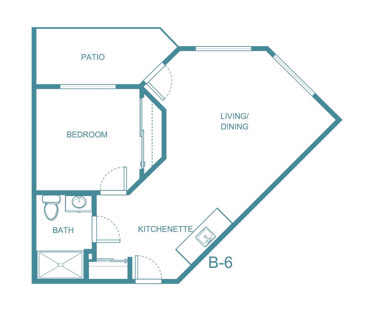 A floor plan of a one-bedroom apartment with a living/dining area, kitchenette, bathroom, and patio.
