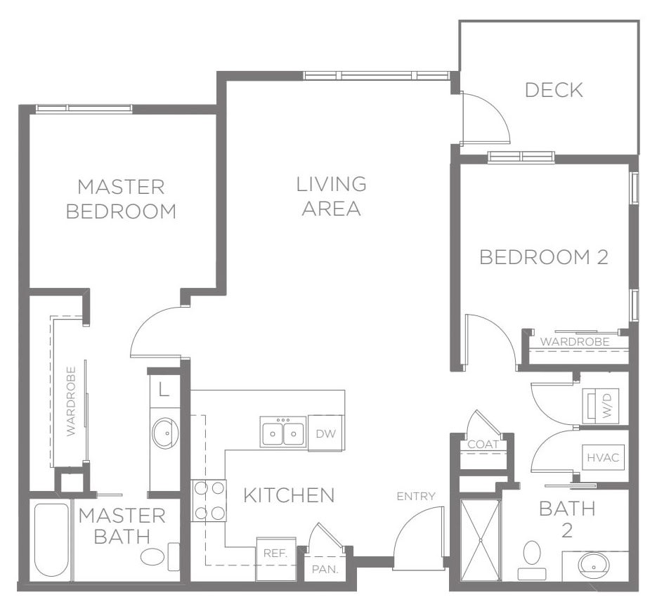 Two-bedroom apartment floor plan with a living area, kitchen, and deck.