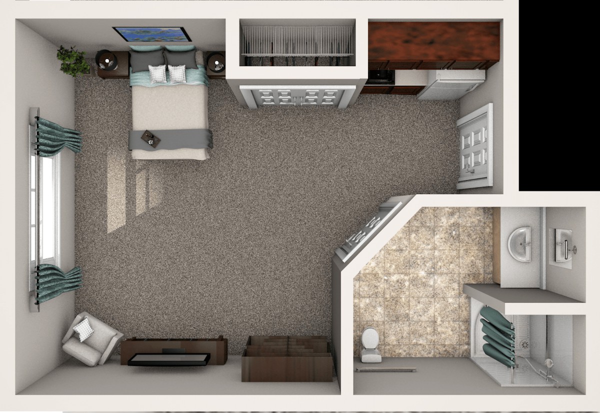 A top-down view of a bedroom and bathroom floor plan with furniture layout.