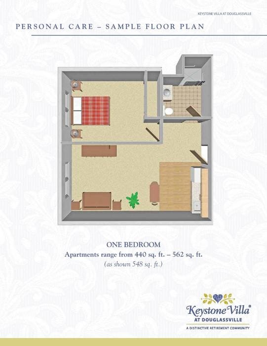 A floor plan of a one-bedroom apartment with labeled areas for living, dining, kitchen, and bathroom.