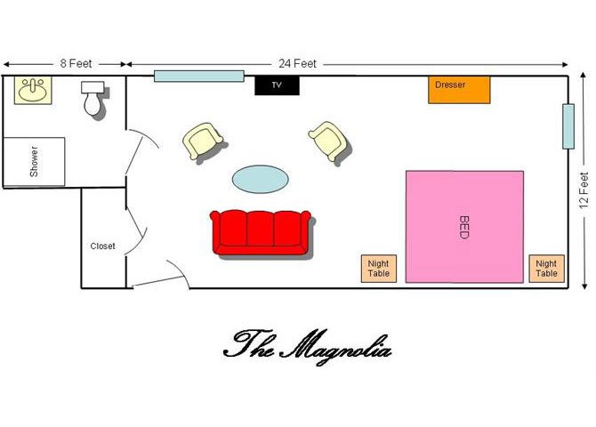 A floor plan layout showing a living area with furniture, including a sofa, chairs, and tables, labeled 'The Magnolia'.
