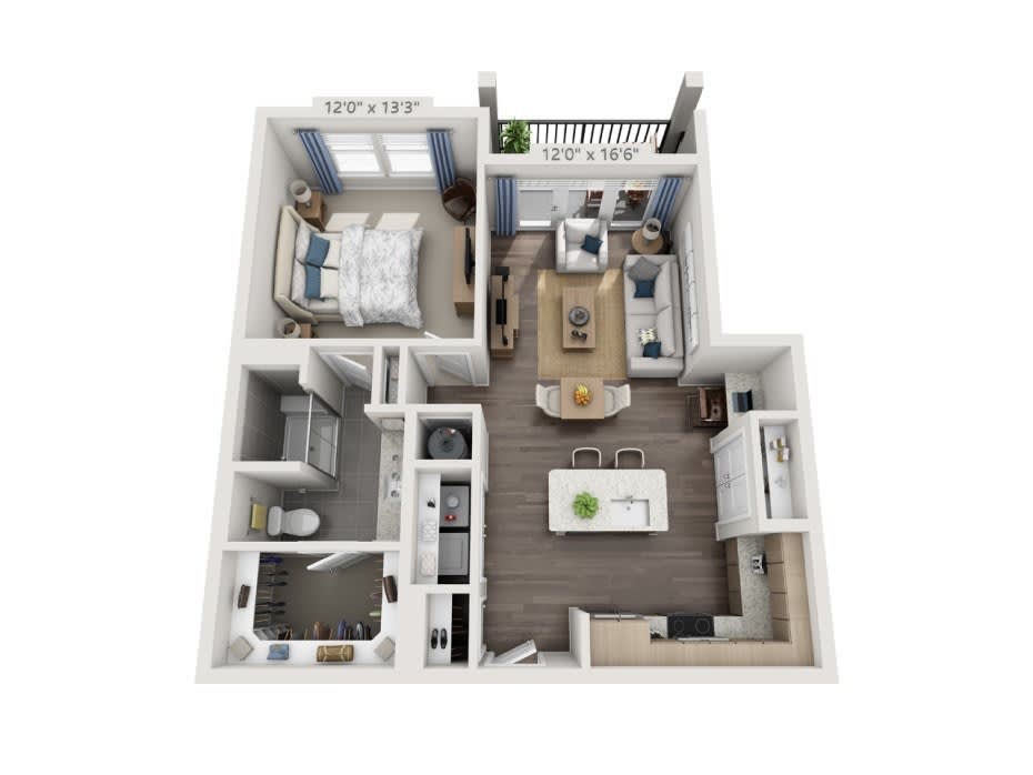 A 3D floor plan of a one-bedroom apartment featuring an open concept kitchen and living area.