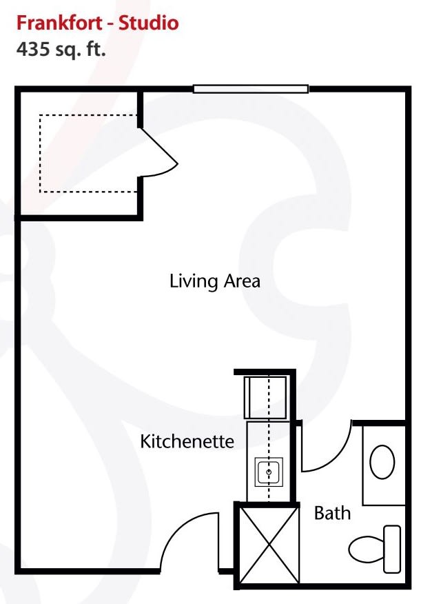 Floor plan of a studio apartment with living area, kitchenette, and bathroom.