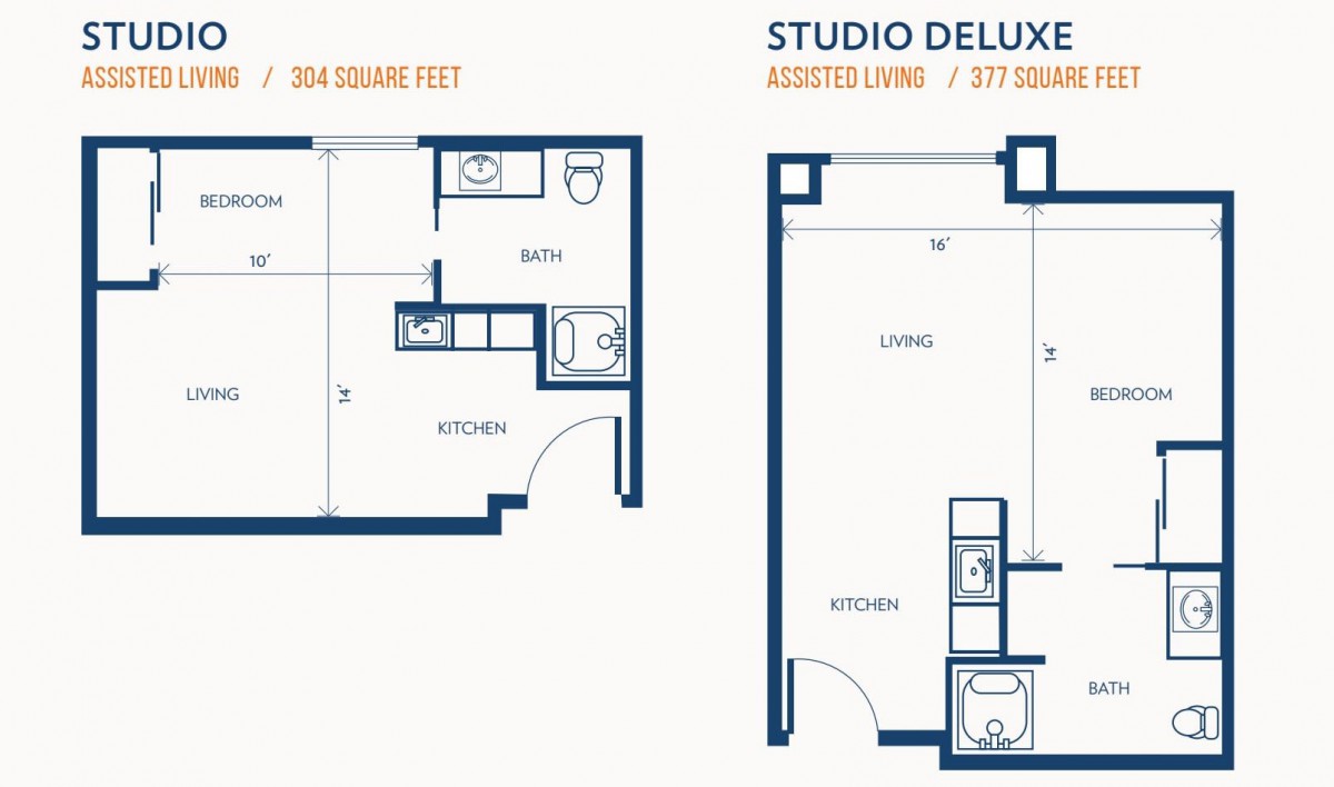 Comparison of studio apartment floor plans: standard and deluxe layouts.
