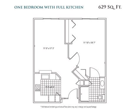 A floor plan of a one-bedroom apartment with a full kitchen, measuring 629 square feet.