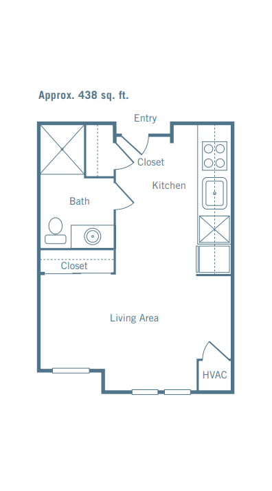 Studio apartment floor plan with kitchen, living area, bathroom, and closet.