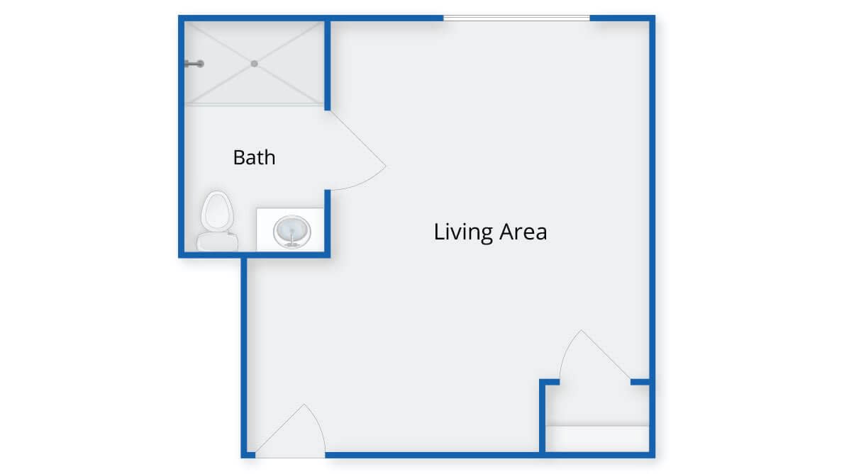 A simple floor plan showing a living area and a bathroom.