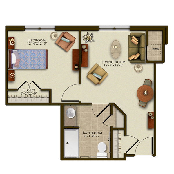 This image shows a floor plan of an apartment featuring one bedroom, a living room, a kitchen, and a bathroom.