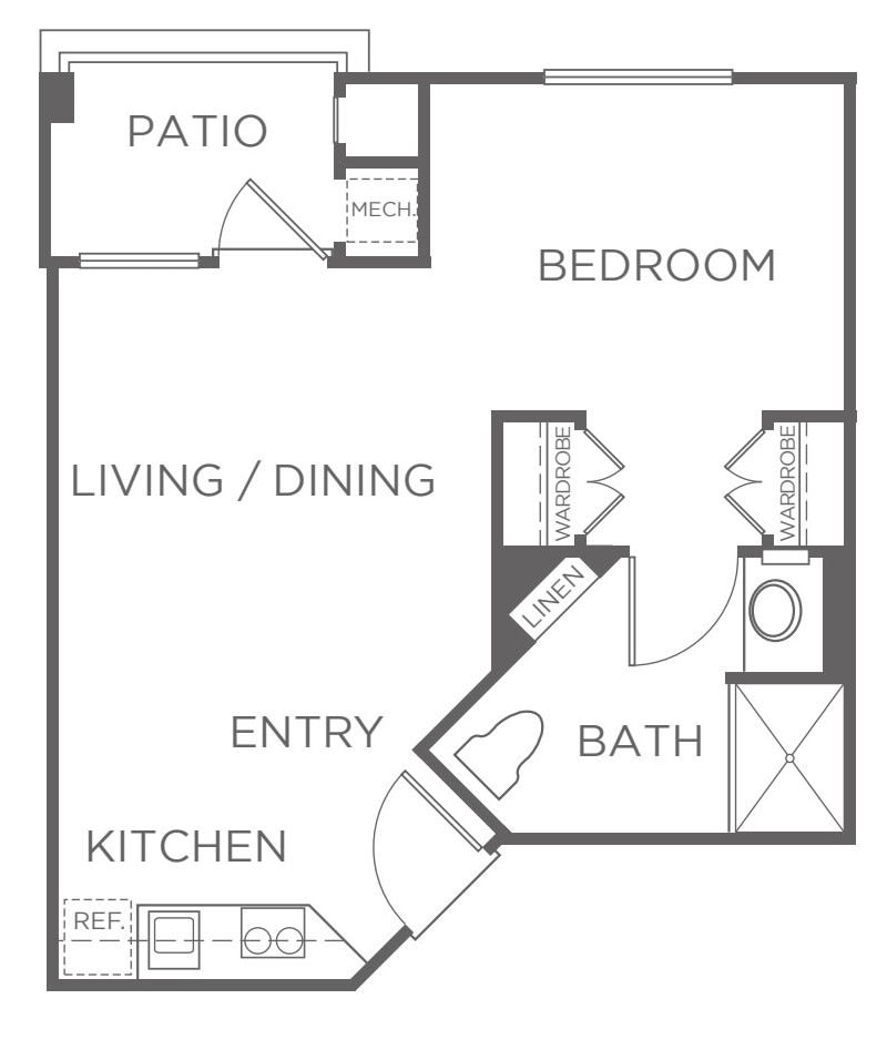 A floor plan of a one-bedroom apartment featuring a living/dining area, kitchen, bathroom, and patio.