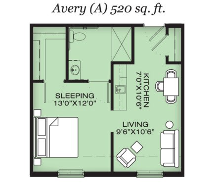 Avery (A) floor plan with a total area of 520 sq. ft., featuring areas for sleeping, living, and kitchen.
