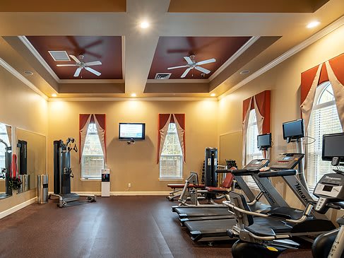 A well-equipped indoor gym with treadmills and various exercise machines.