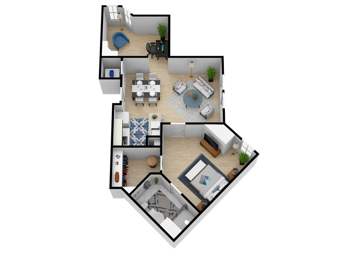 A 3D floor plan of a one-bedroom apartment featuring a kitchen, living room, and bathroom.