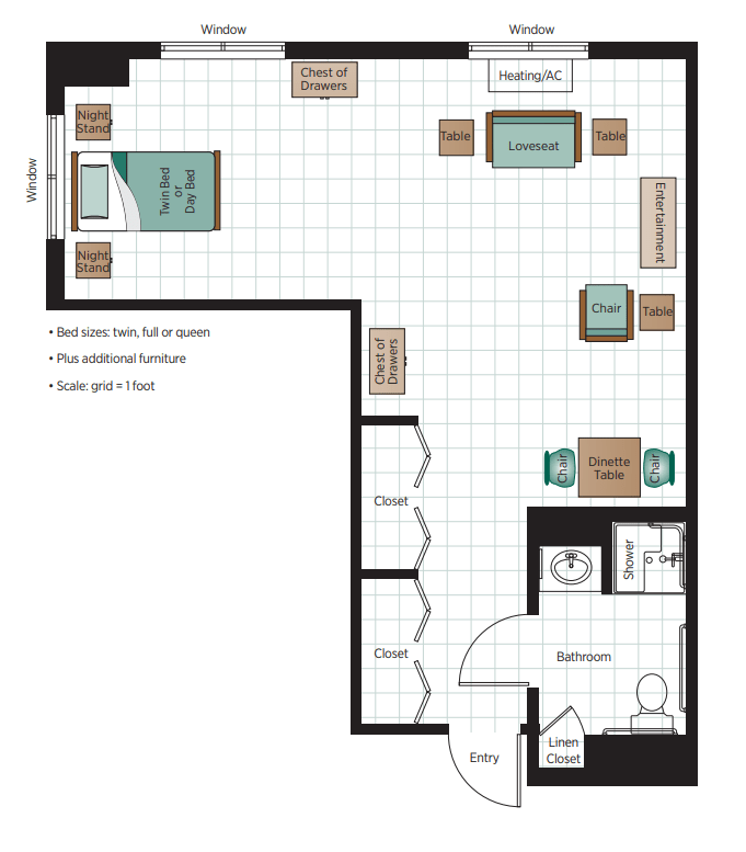 Studio apartment floor plan with designated areas for living, dining, and sleeping.