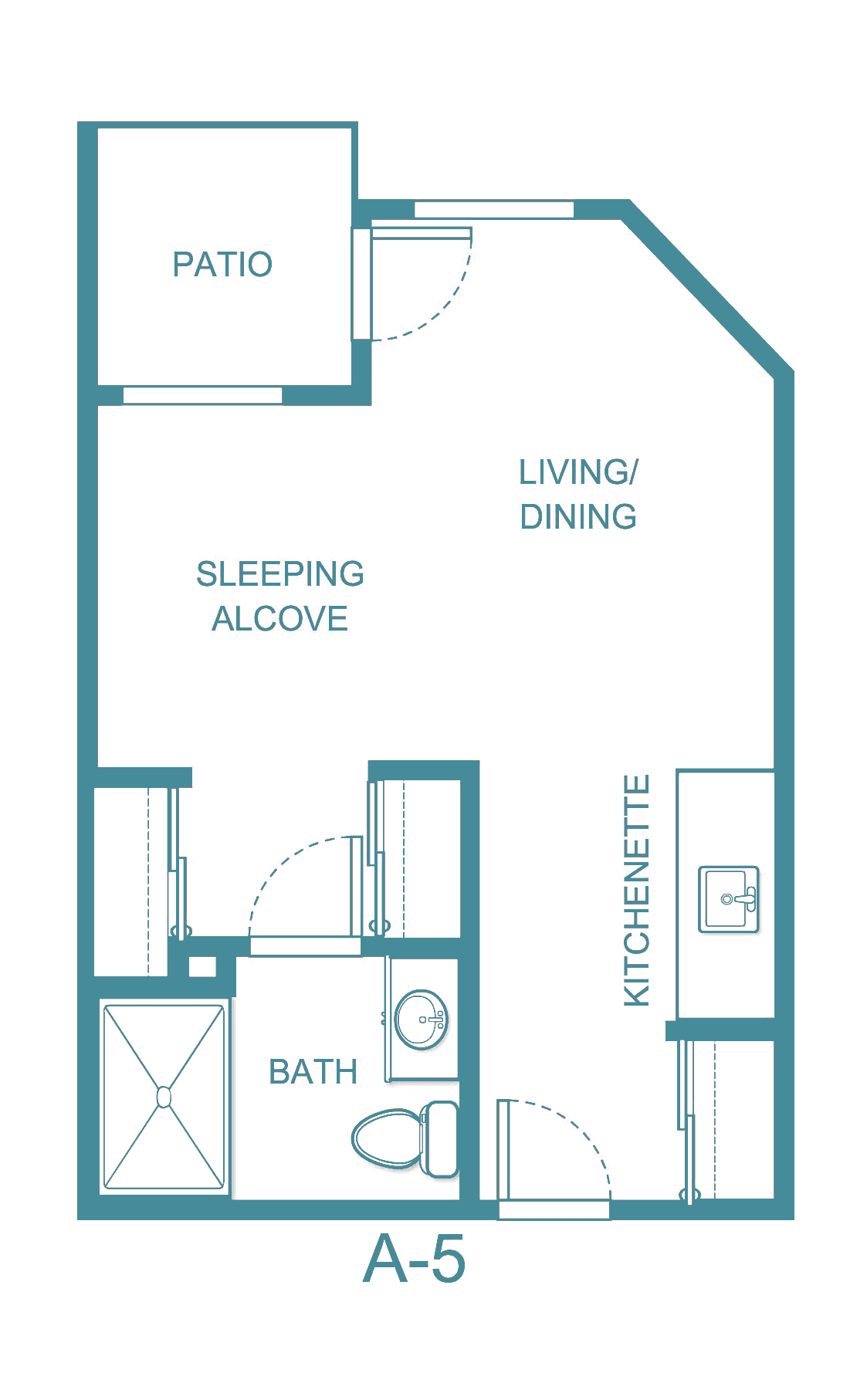 Studio apartment floor plan with living/dining area, kitchenette, bath, and sleeping alcove.