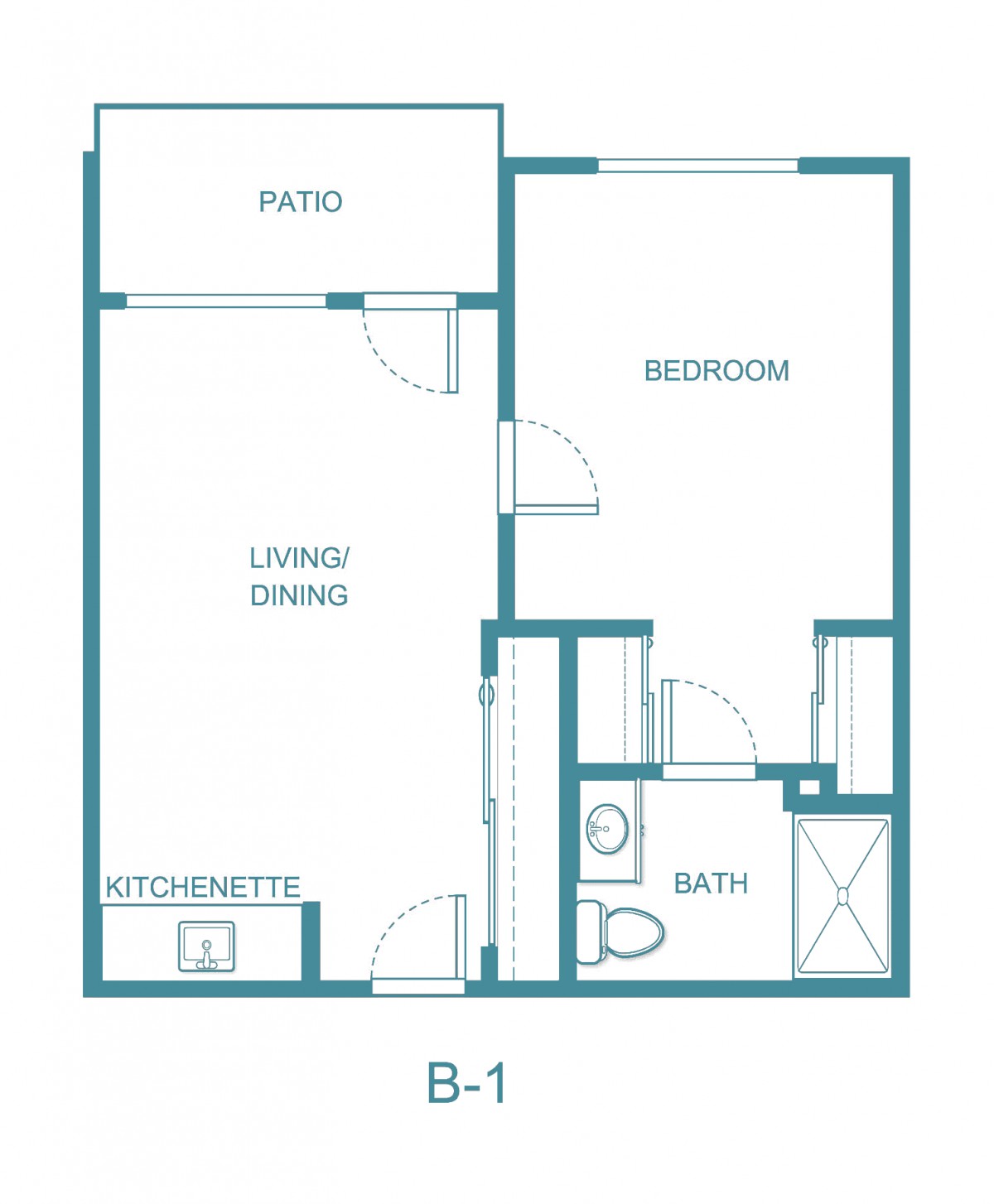 A blueprint of a one-bedroom apartment layout with a living/dining area, kitchenette, bathroom, and patio.