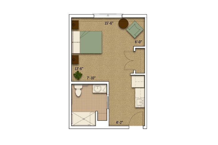 Studio apartment floor plan with bedroom, bathroom, and living area.