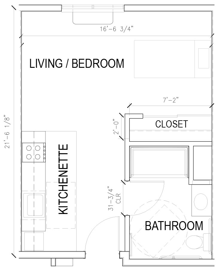 A floor plan of a compact studio apartment featuring a kitchenette, living/bedroom area, closet, and bathroom.