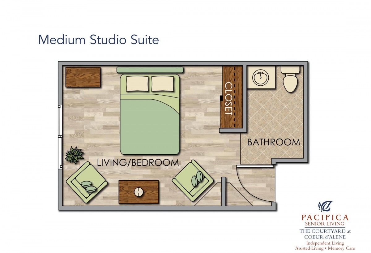 Floor plan of a medium studio suite including a living/bedroom area, bathroom, and closet.