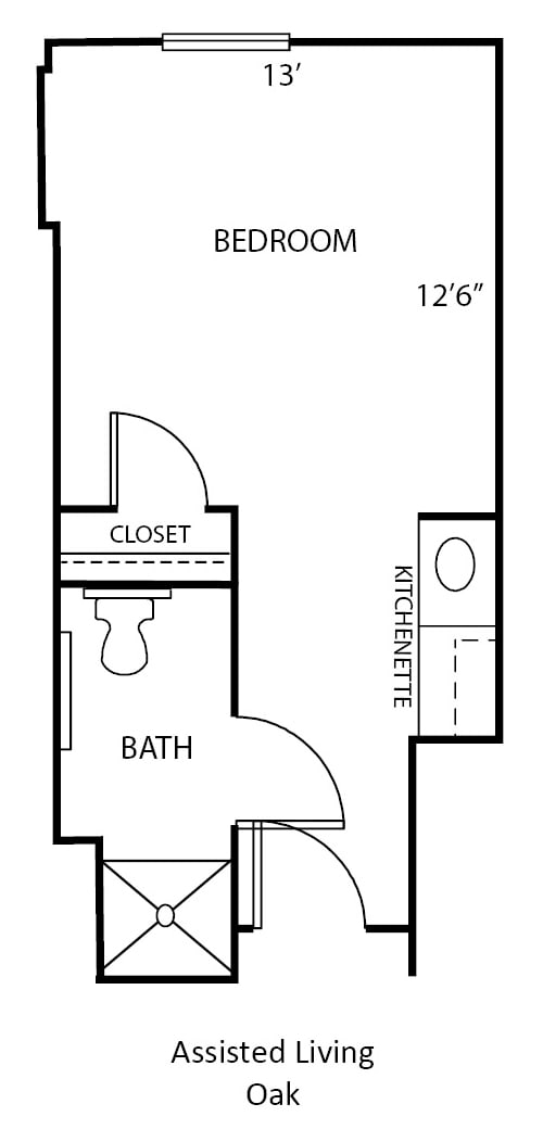 Floor plan of a studio apartment with a bath, closet, and kitchenette.