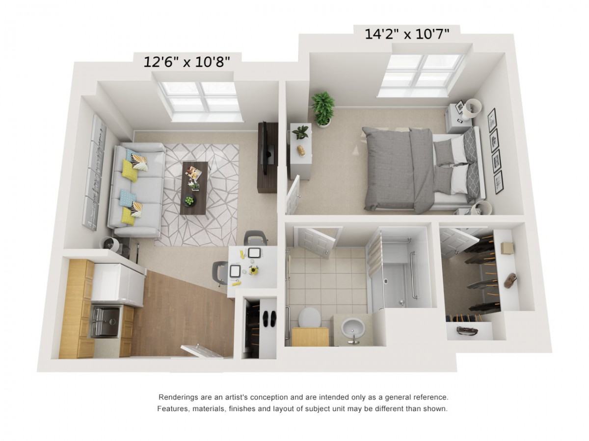A 3D floor plan of a one-bedroom apartment displaying the arrangement of the living room, bedroom, bathroom, and kitchen areas.