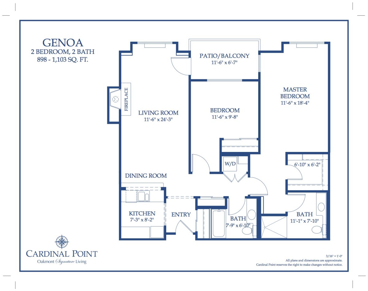 Blueprint of a Genova model showing a 2-bedroom, 2-bathroom layout.