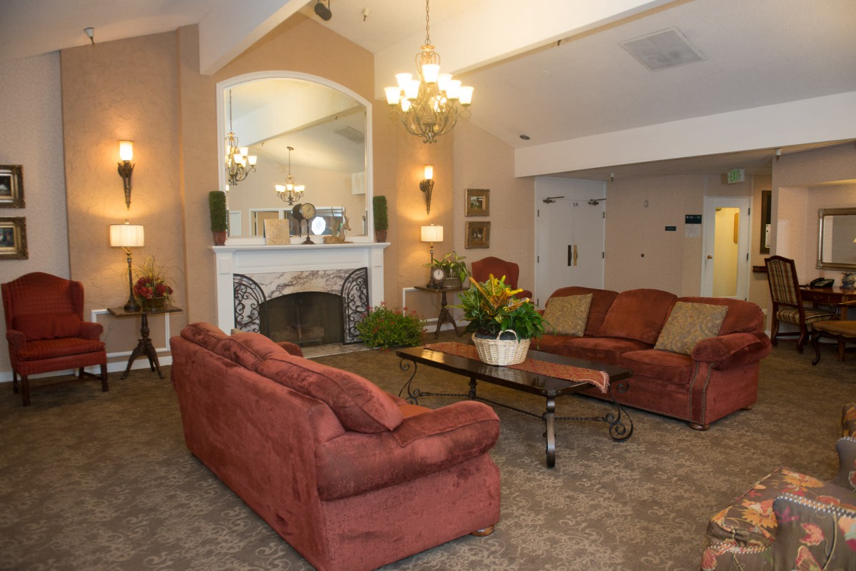 A cozy living room with a fireplace, sofas, and elegant decor.