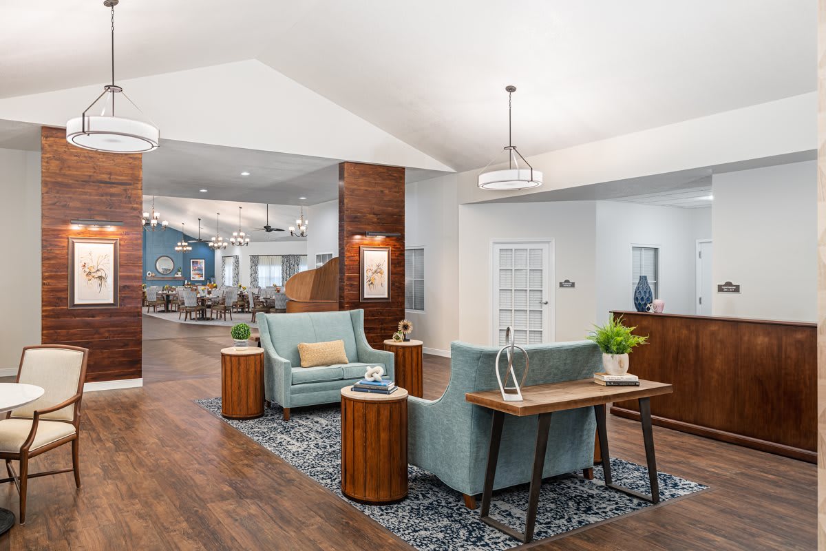A modern lobby with comfortable seating and elegant decor.