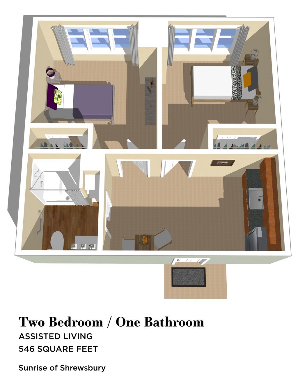 A floor plan layout of a two-bedroom, one-bathroom apartment.