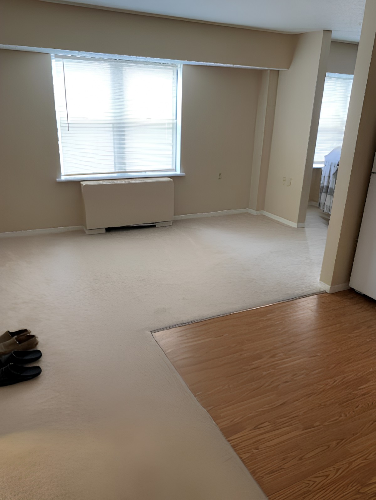 An empty living room with carpet and hardwood flooring, featuring a large window.