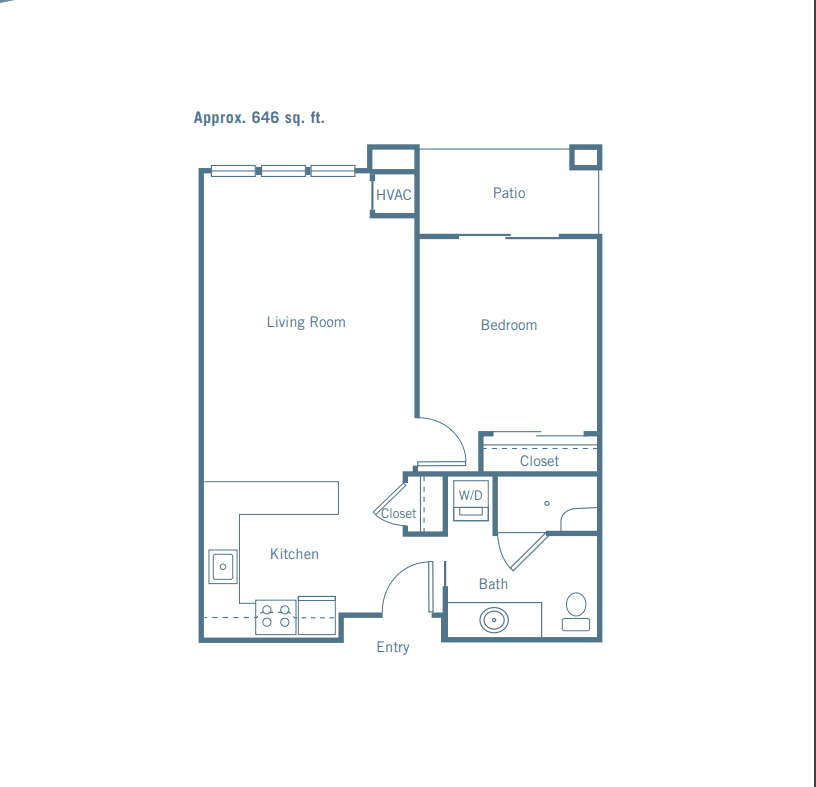 This is a basic floor plan of a one-bedroom apartment featuring a living room, kitchen, and bathroom.