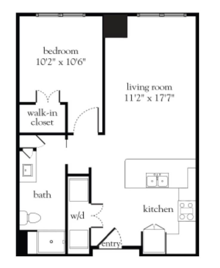 A simple floor plan of a one-bedroom apartment featuring a living room, kitchen, bathroom, and walk-in closet.