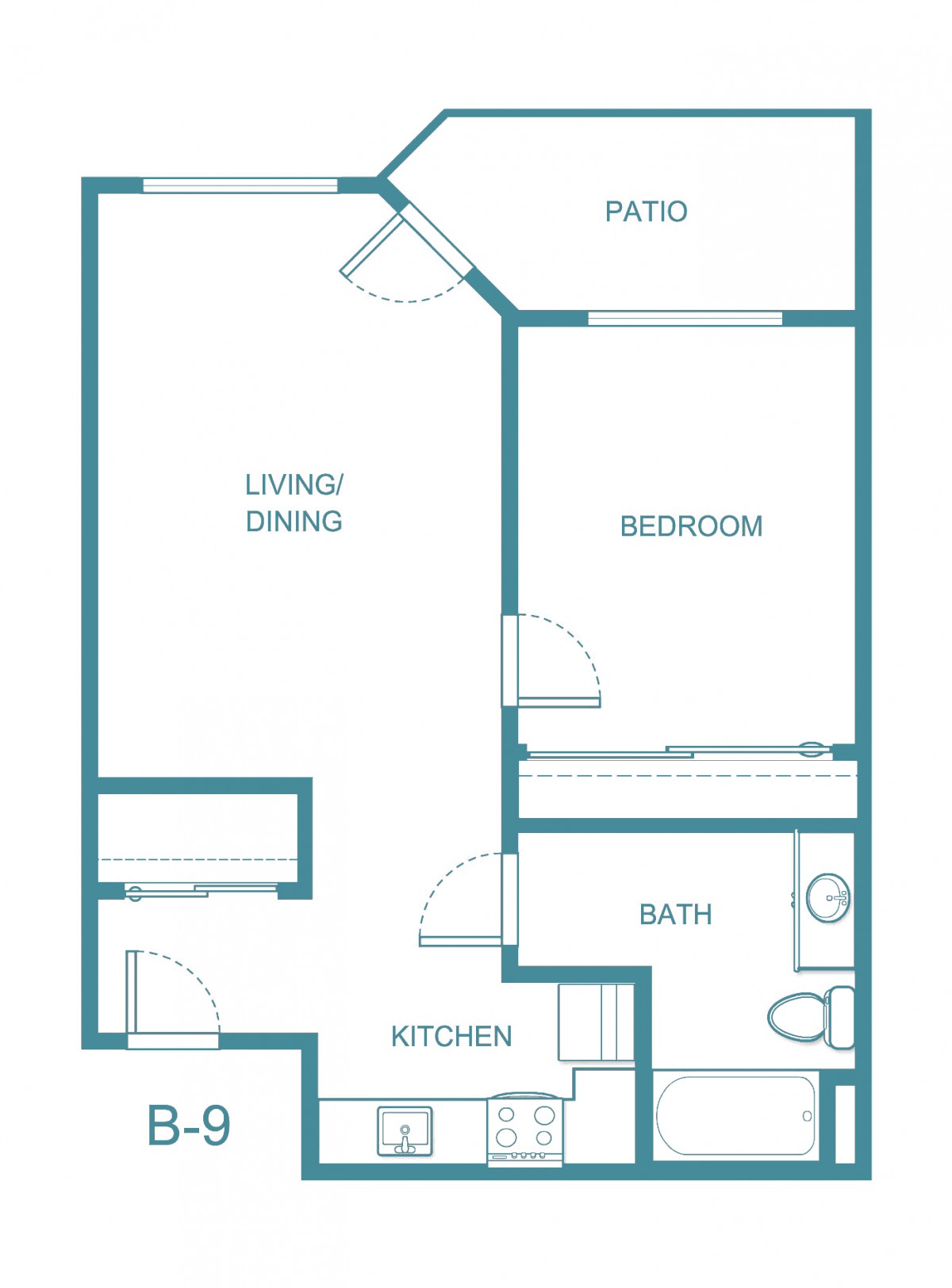 A simple floor plan of a one-bedroom apartment featuring a living/dining area, kitchen, bathroom, bedroom, and patio.