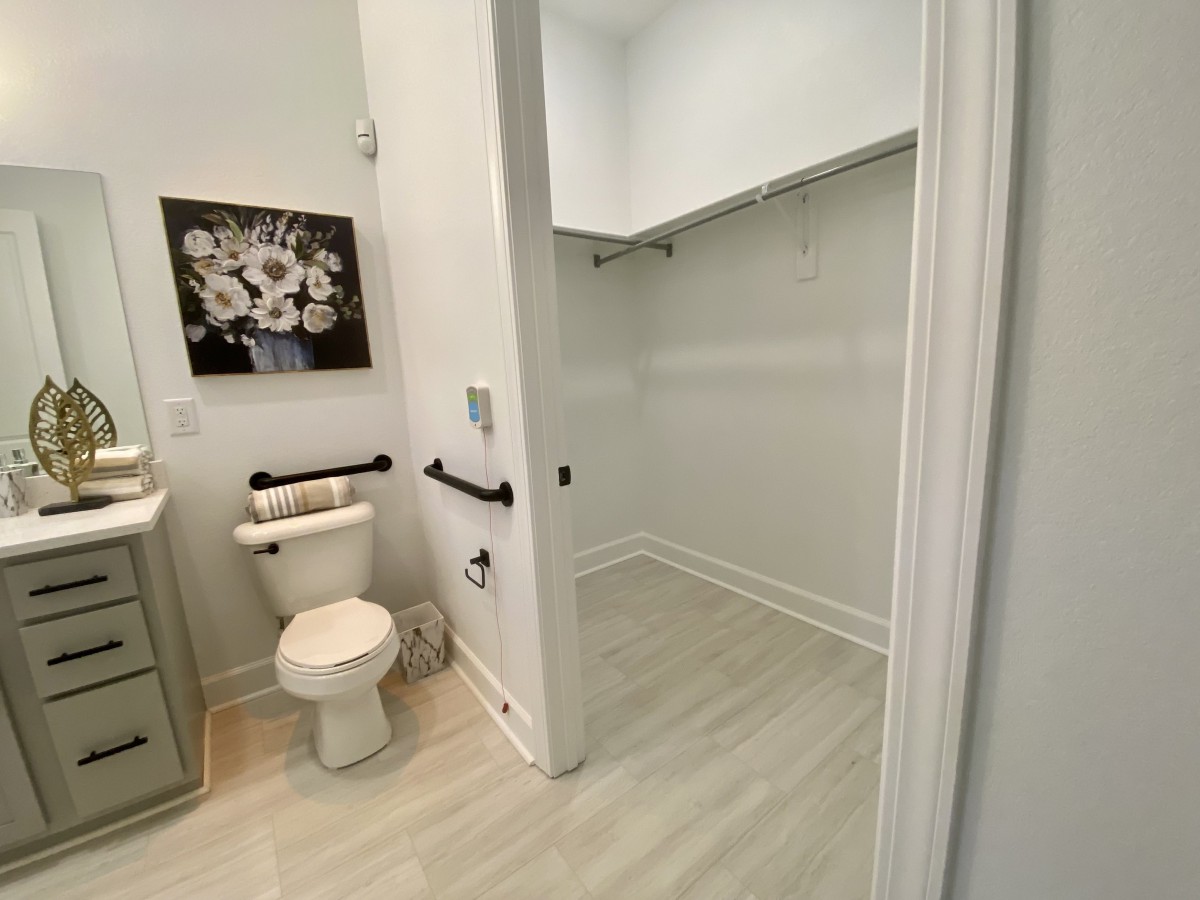 A modern, accessible bathroom with a toilet and grab bars next to a walk-in closet.