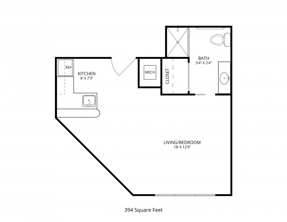 A floor plan of a studio apartment measuring 554 square feet, including kitchen and bathroom areas.