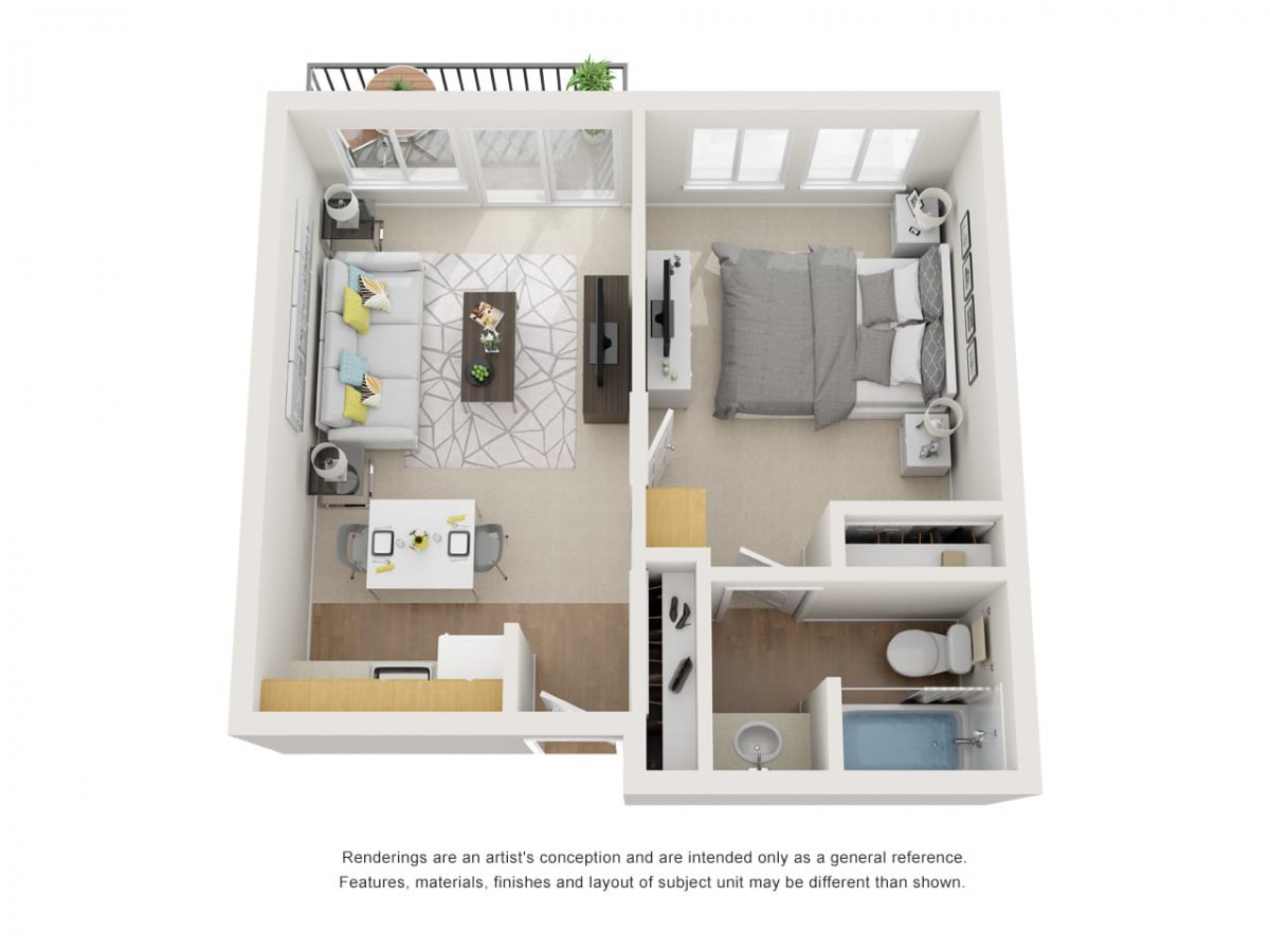 A 3D floor plan of a one-bedroom apartment featuring a living room, kitchen, bedroom, and bathroom.