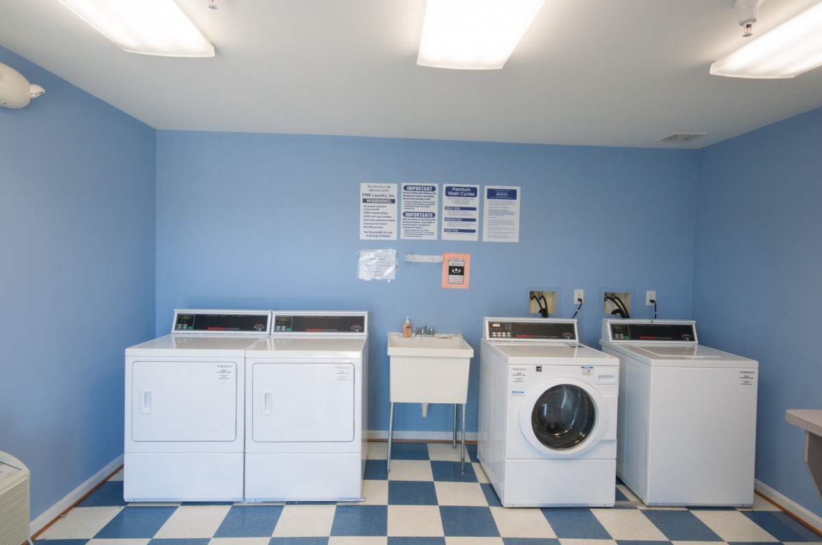 A laundry room with two dryers and two washing machines against a blue wall.