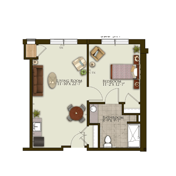 A simple floor plan featuring a one-bedroom apartment with a living room, kitchen, and bathroom.