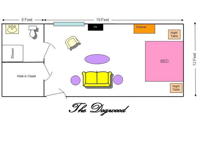 Floor plan of an apartment with labeled furniture and dimensions.