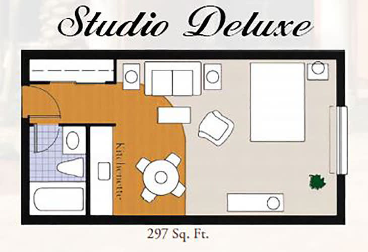 Studio Deluxe floor plan layout with a living area, kitchen, and bathroom, measuring 297 square feet.