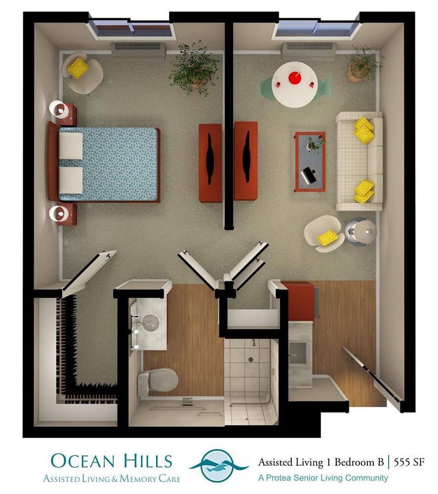 A detailed floor plan of a one-bedroom apartment, showcasing the layout of the living room, kitchen, bathroom, and furniture arrangement.
