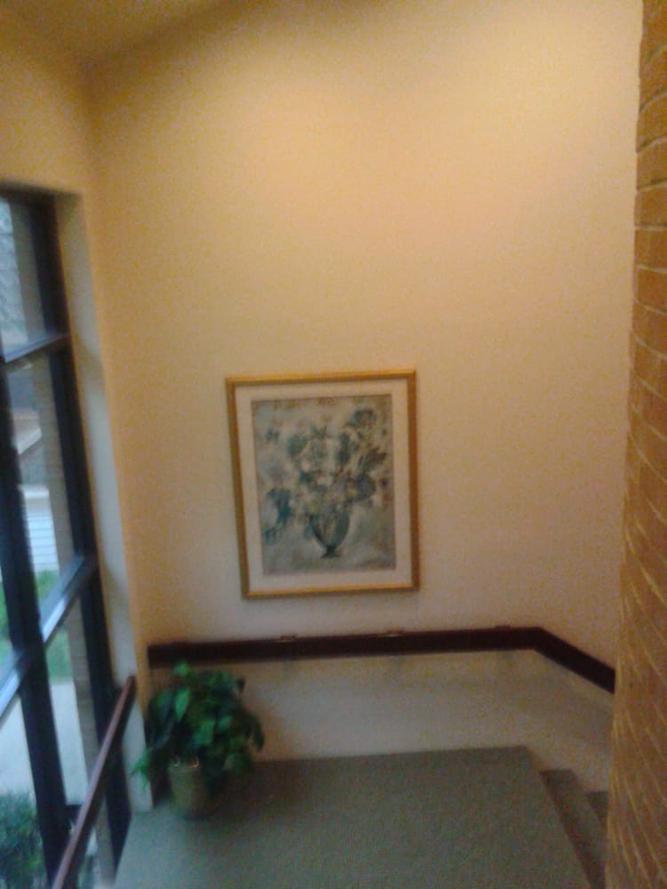 A staircase landing featuring a framed artwork on the wall and a potted plant by the window.