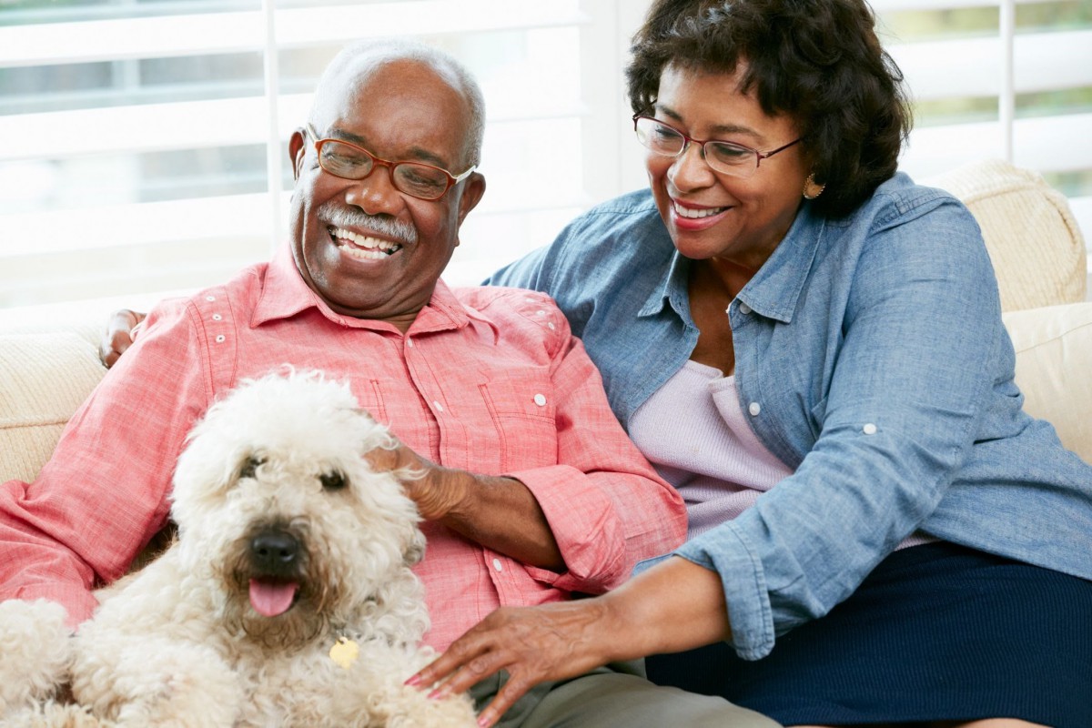 A joyful elderly couple sitting together with their fluffy dog at home.