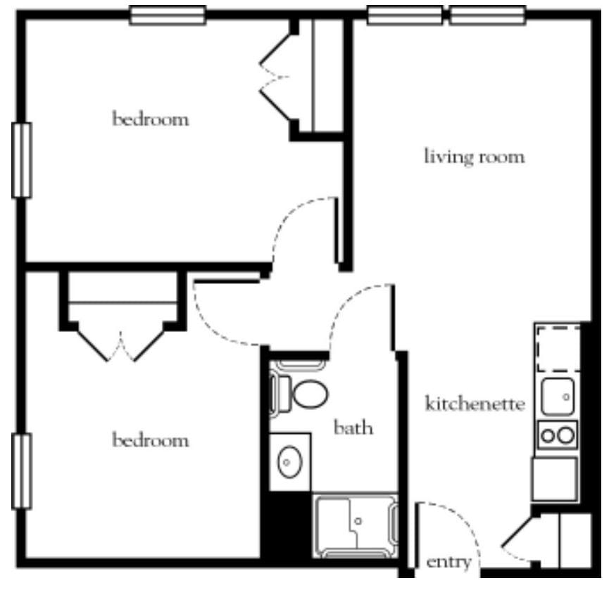 A simple floor plan of a two-bedroom apartment featuring a living room, kitchenette, and bathroom.