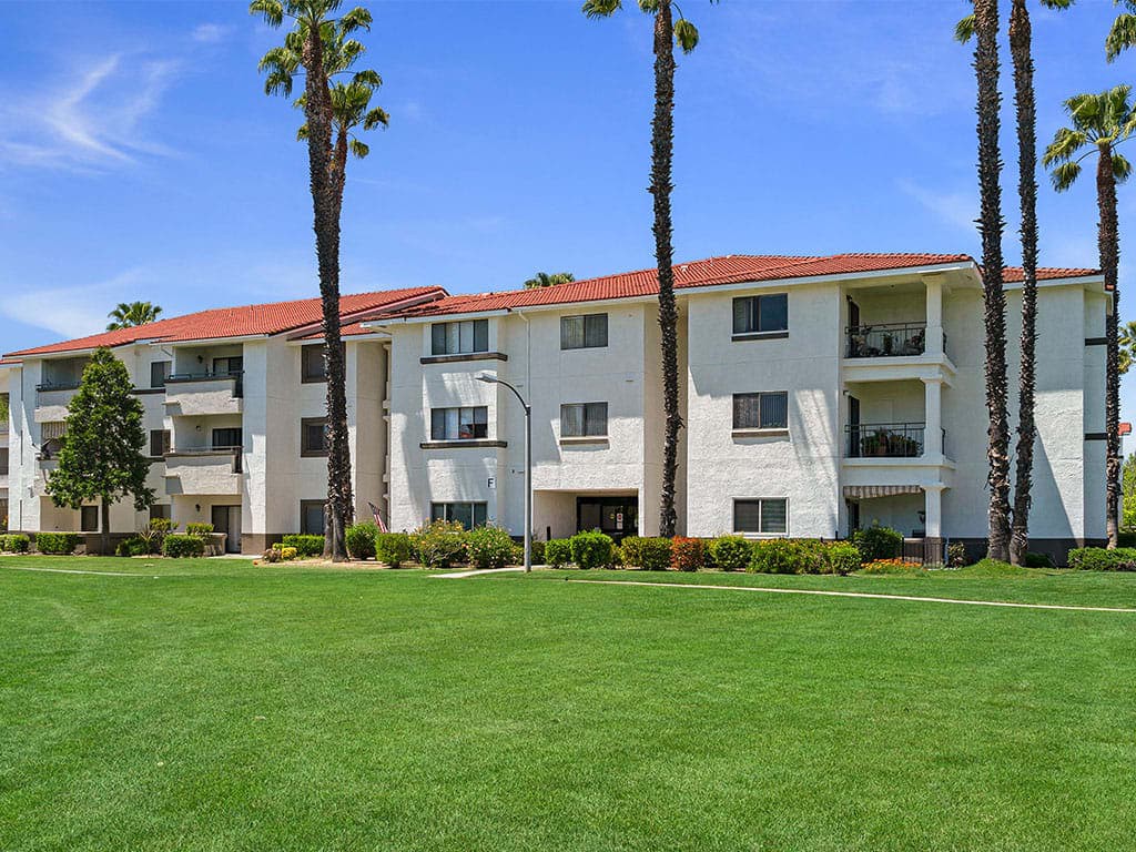 A sunny day view of a residential apartment building with palm trees and a well-maintained lawn.