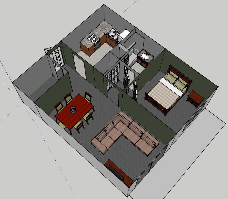 3D floor plan of a compact apartment with living room, kitchen, and bedroom.