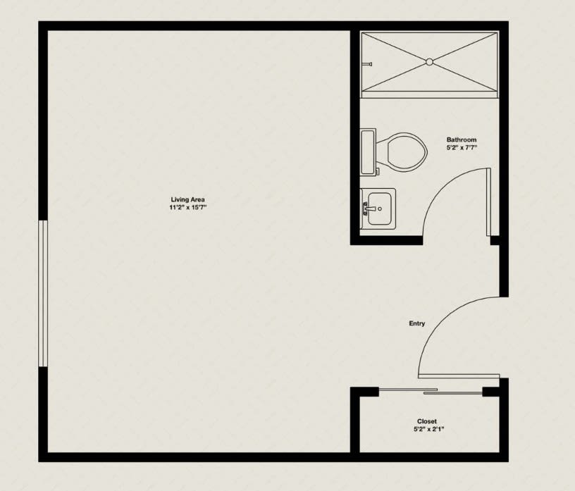 A simple floor plan featuring a main room and a bathroom.