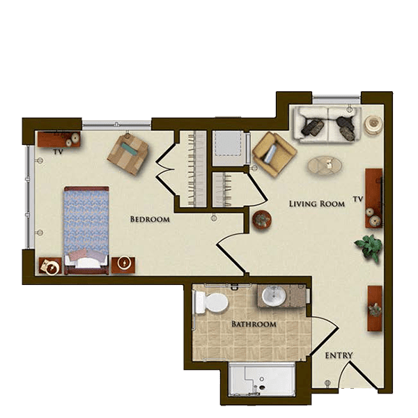 A floor plan of a one-bedroom apartment featuring a living room, kitchen, and bathroom.