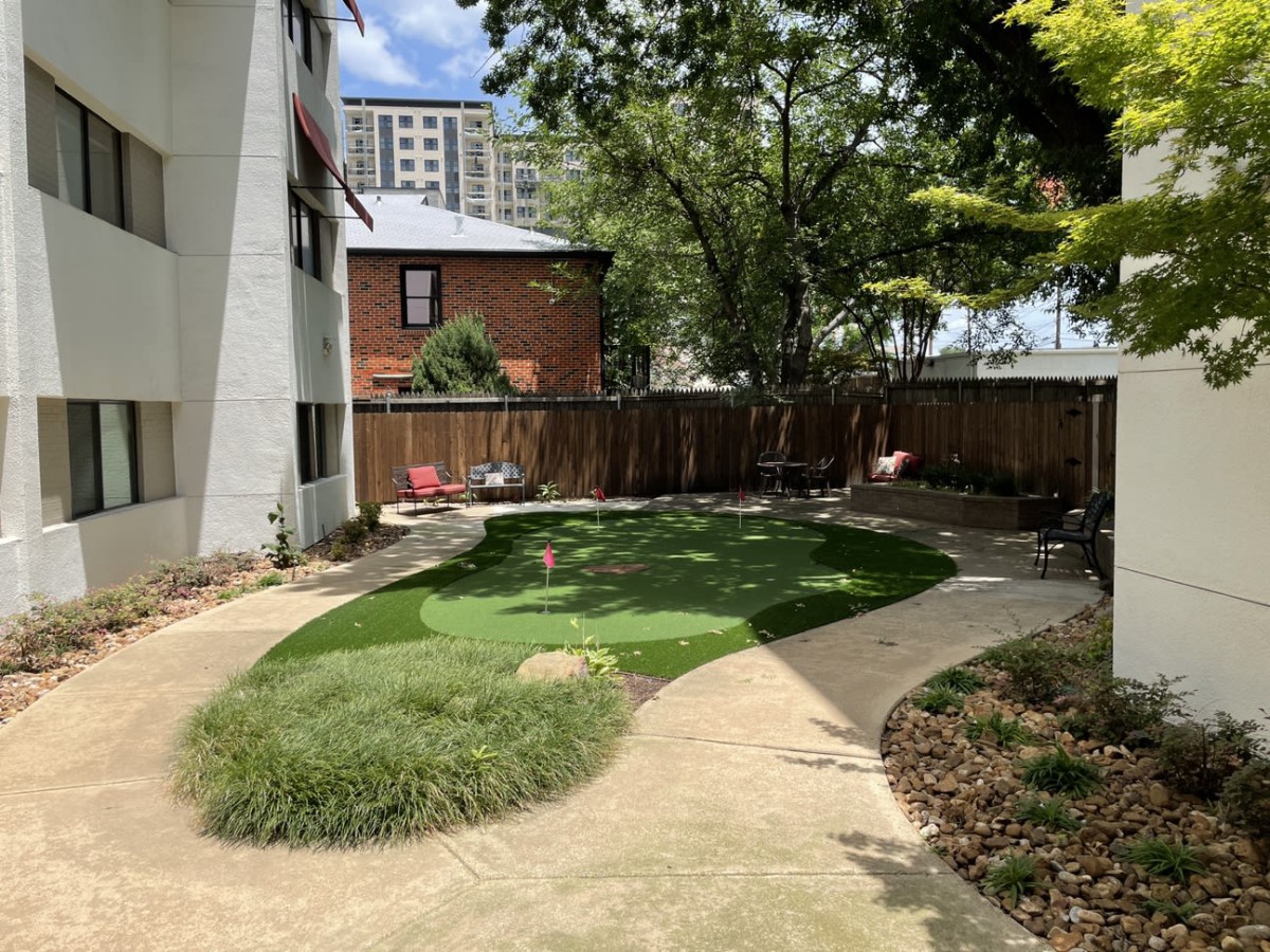 A well-maintained garden with a winding pathway, surrounded by trees and a wooden fence in an urban setting.
